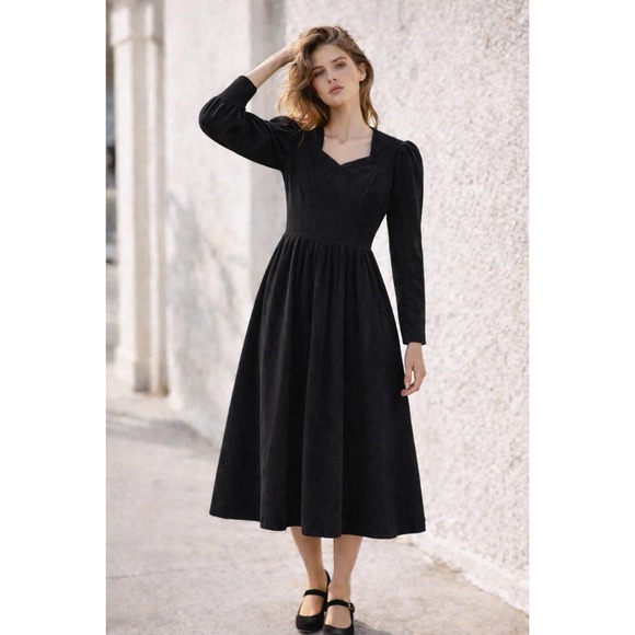 Laura Ashley Black Corduroy Long Puff Sleeve Midi Dress Size 10 Romantic Cottage - Picture 2 of 16